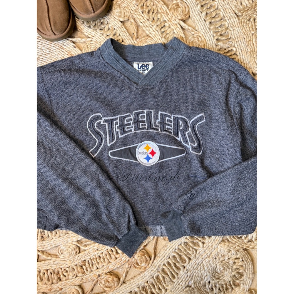 Vintage Lee Sport Pittsburgh Steelers Cropped Sweatshirt Gray Embroidered Medium